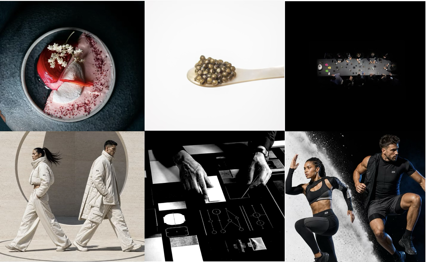 The six Brands and Activities directions from the approved Homepage layout: design studio, fine food, caviar, events, fashion and sports