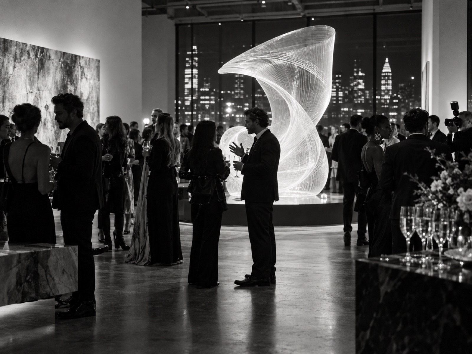 A contemporary gallery launch bringing people together around a luminous installation