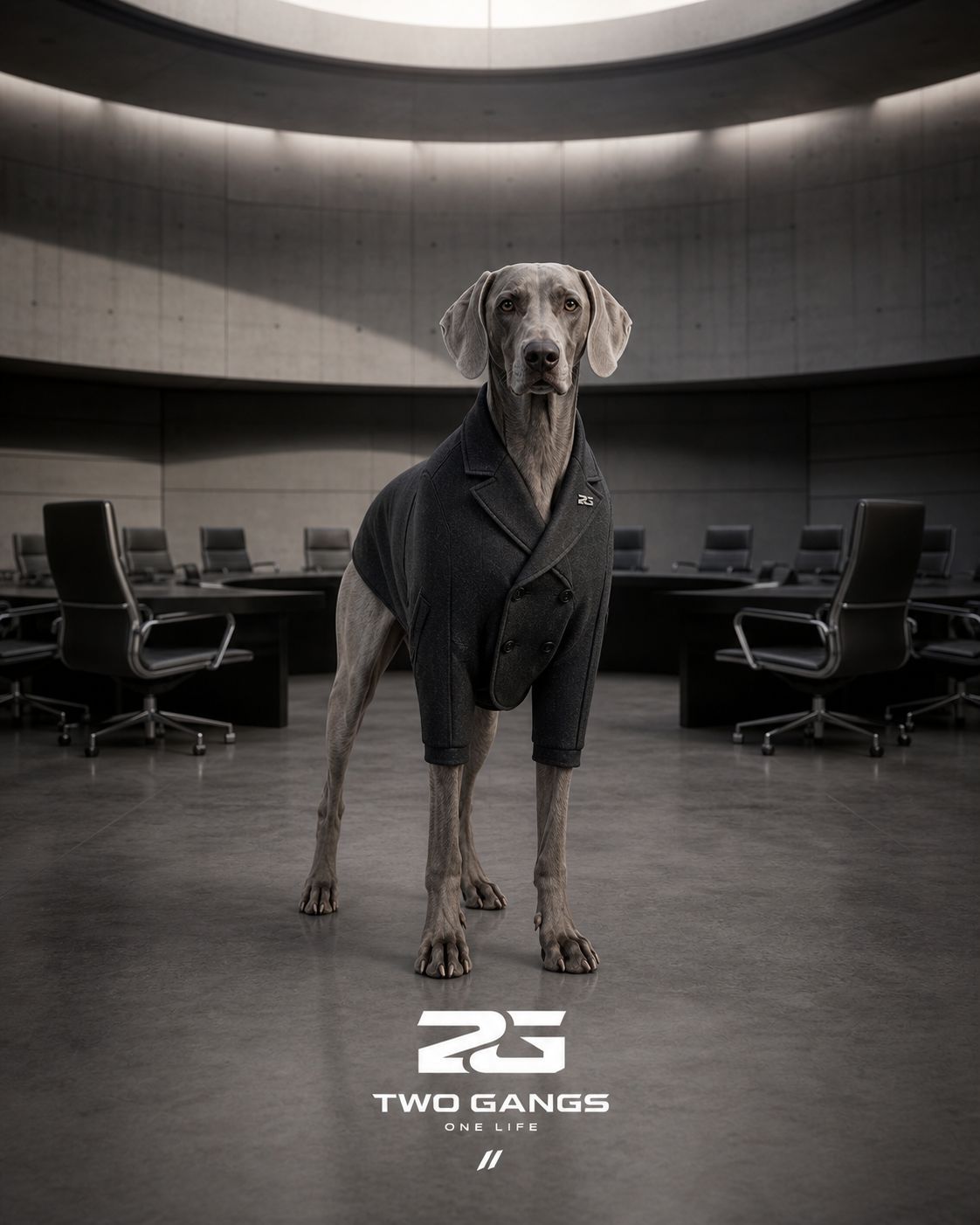 Two Gangs dog in an architectural boardroom