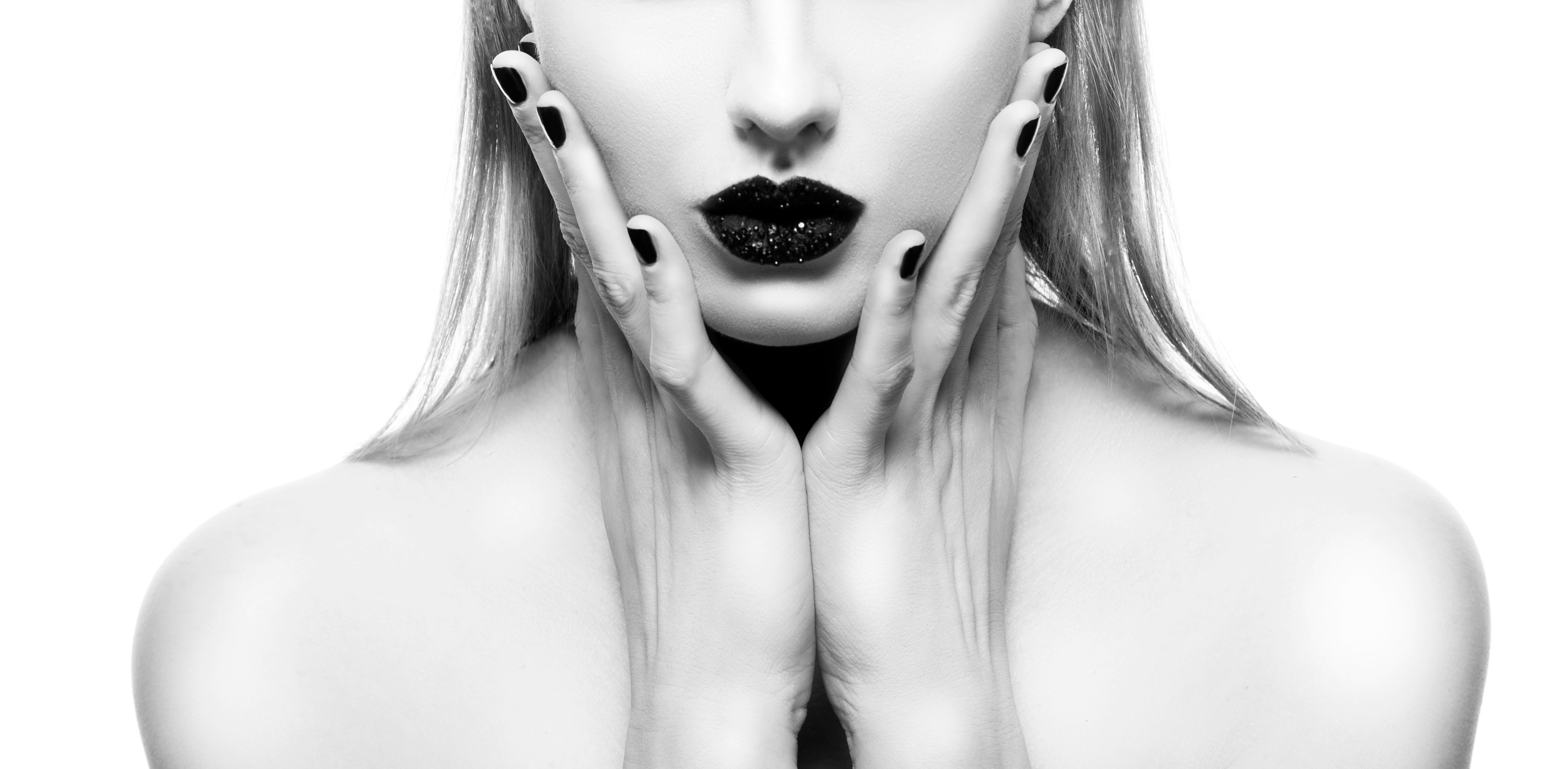 Monochrome beauty portrait with caviar-inspired lips